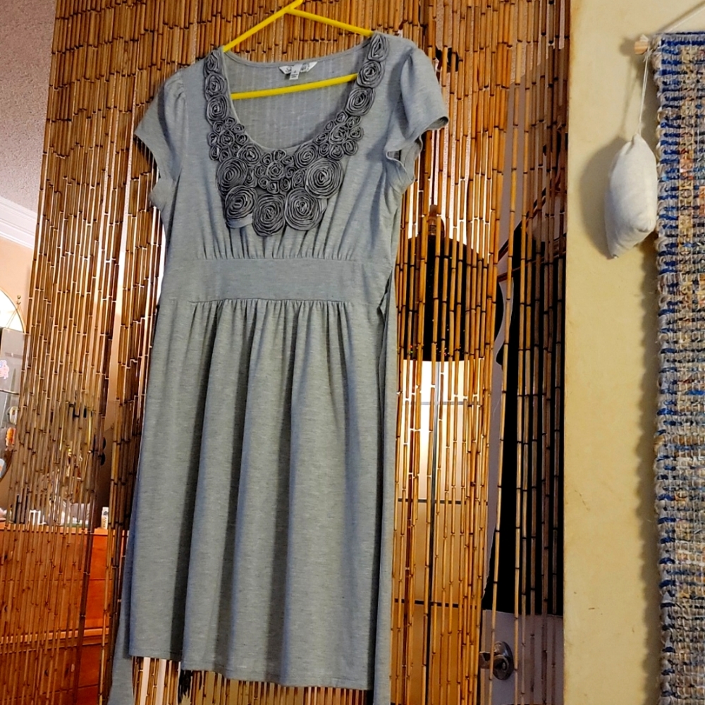 Gray Dress with flower design on front. Size Large but fits Medium.